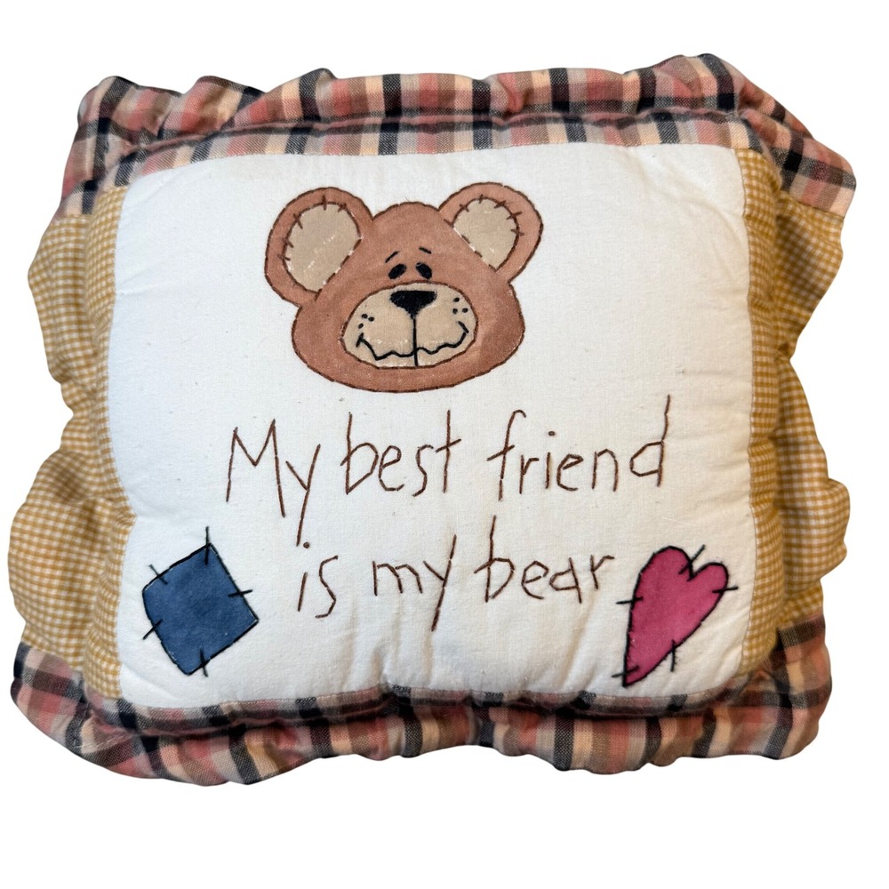 Vintage Plaid Teddy Bear Pillow Best Friend Ruffle Cottagecore Granny nur ey